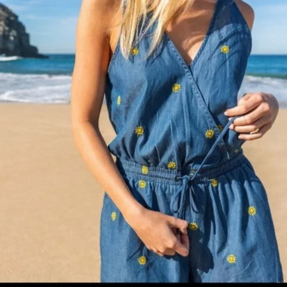 Splendid Gray Malin 100% Cotton Romper Embroidered Printed Romper Blue Med - Picture 5 of 5